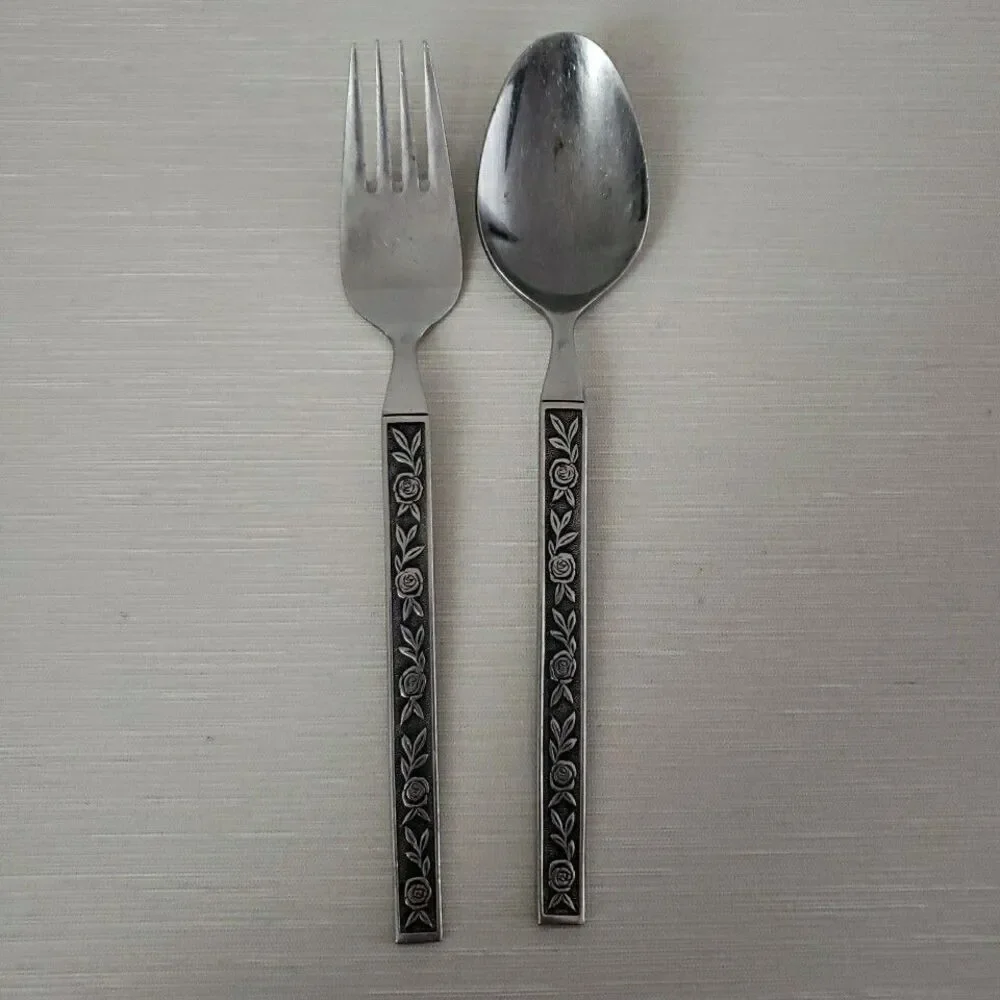 Interpur Stainless Mexicali Rose Dinner Fork & Spoon Black Textured Handle Japan